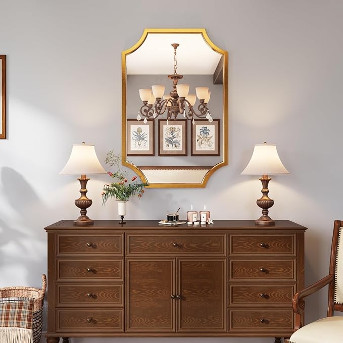 Kelly Miller 24"x36" Gold Mirror for Wall, Gold Scalloped Mirror Vanity Mirror Decorative Wall Mirror Art Beveled Framed for Master Bath Half Bath Living Room Fireplace Mantle Hallyway Entryway