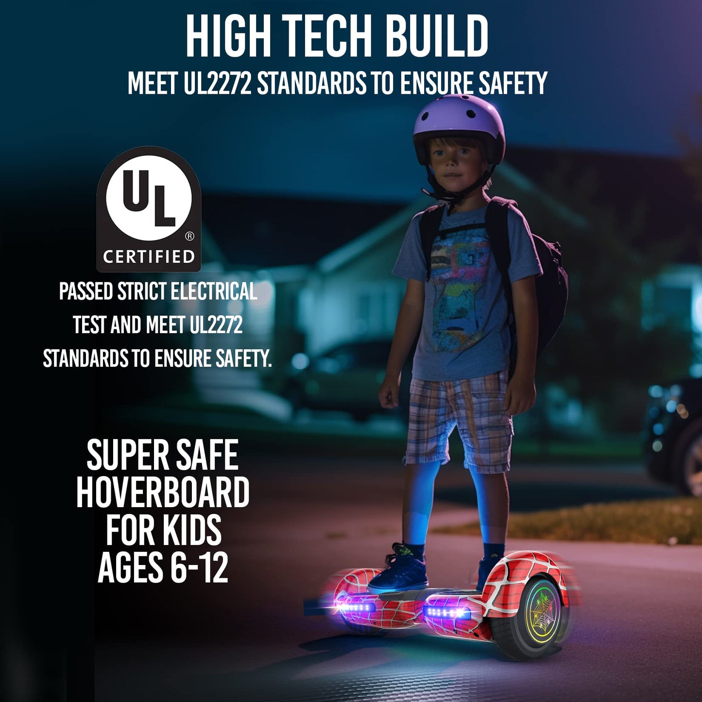 EMAXUSA, Spider-Pattern Hover Board for Kids Ages 6-12, with Bluetooth Speaker and LED Lights 6.5" Hover Board, UL2272 Safety Certified (Red)