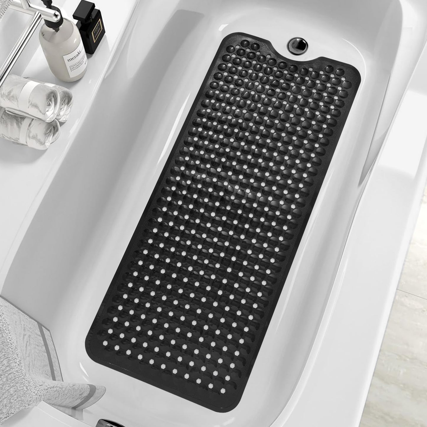 ZHICHENG Bath Tub and Shower Mats, Non-Slip 39 x 16 Inch Extra Long Bath Mat, Machine Washable Bathtub Mat with Drain Holes, Suction Cups for Bathroom (Black)