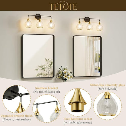 TETOTE 2-Light Modern Bathroom Light Fixtures, 2 Light Vanity Lights Over Mirror Black & Gold Wall Lamp with Clear Glass for Bathroom, Mirror, Living Room, Bedroom, Hallway
