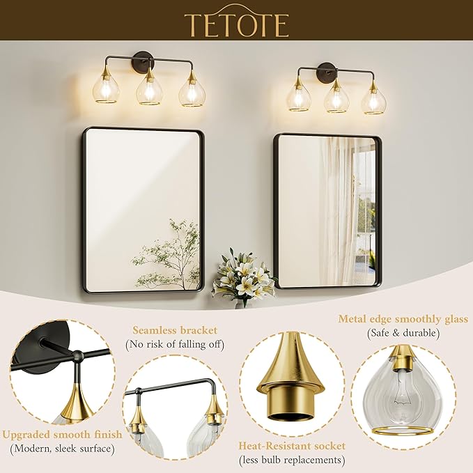 TETOTE 4-Light Modern Bathroom Light Fixtures, 4 Light Vanity Lights Over Mirror Black & Gold Wall Lamp with Clear Glass for Bathroom, Mirror, Living Room, Bedroom, Hallway