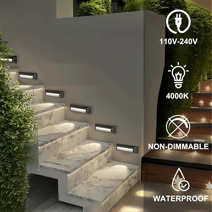 ZONK Outdoor Indoor Step Stair Lights, 110V-240V Line Voltage Waterproof IP65 2W 4000K Neutral White Lighting Landscape Lights for House (1 Pack)