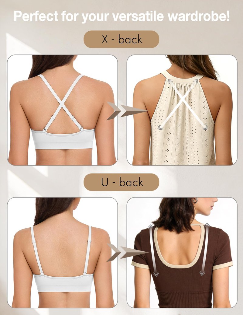 WANAYOU Bras for Women Bralettes for Women with Support Wireless Bras Compfortable No Underwire Push Up Padded Bra Seamless Soft Lift Everyday Bra V Neck Ajustable Straps T Shirt Bra 3 Pack