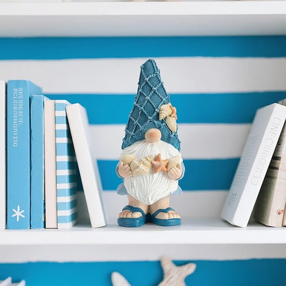 Garden Sea Gnome Statue Decoration Indoor Resin Beach Gnome Sculpture for Home Office Desktop Bathroom, Summer Pool Decoration Gifts (Holding a Shell)