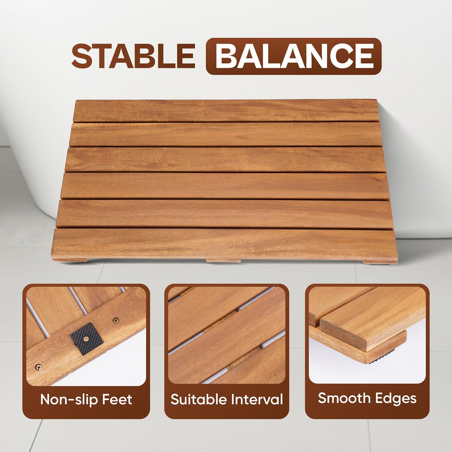 AN68 Wooden Shower Mat 13×20 in – Solid Acacia Wood Bath Mat, Non-Slip Feet, Slatted Fast-Drainage Design – Spa, Bathroom & Outdoor Use (Acacia)