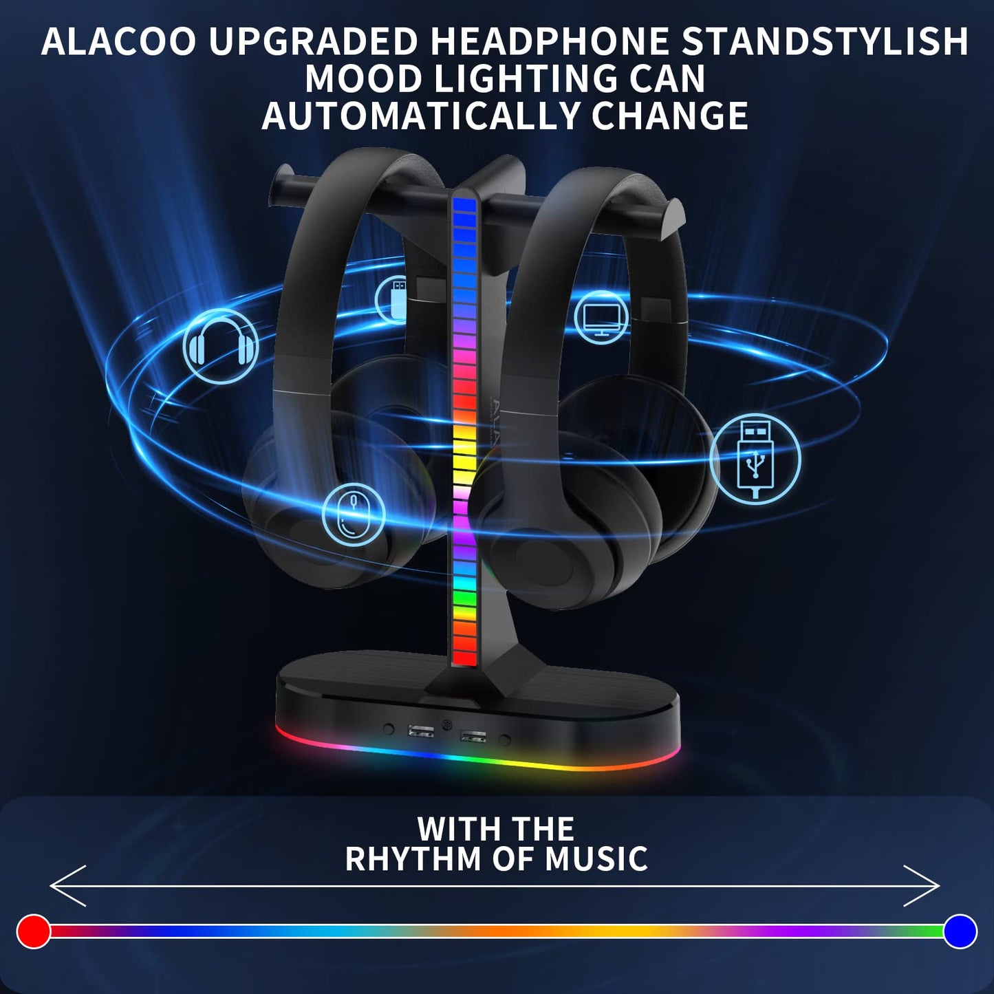ALACOO RGB Headphone Stand - Dual Gaming Headset Holder with 3 USB Charging Station and 3.5mm Audio Port,8 Light Modes, Suitable for Gaming, Wireless Earphone Display, Gamer Gifts for Men (Black)