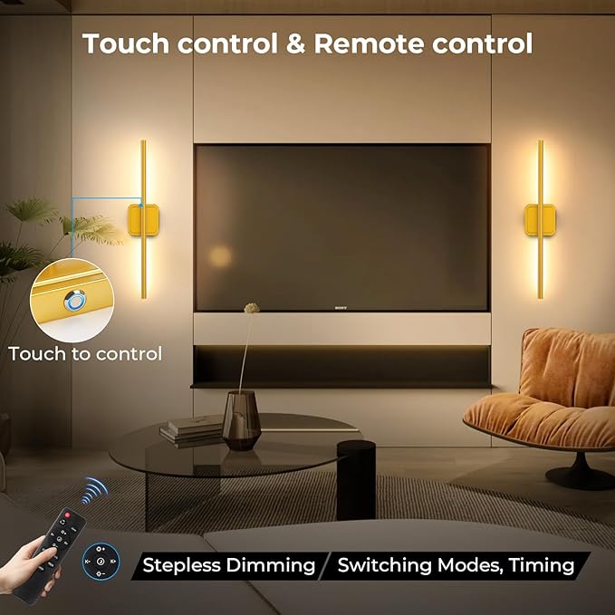 10000mAh Battery Operated Wall Sconce Detachable, Wireless Wall Lamp 3000-6500K Dimmable, Modern Rechargeable Wall Light for Bedroom, Living Room, 28.3" Gold (1 Pack)