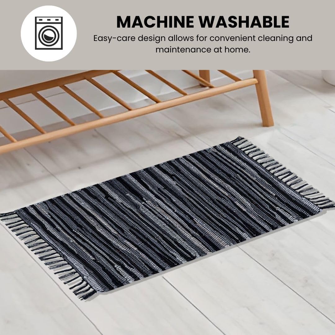 Threadvista Hand Woven Chindi Rug Cotton - Rustic Boho Accent Throw Rug for Living Room Bedroom Kitchen Entryway Floor Mats - Ideal for High Traffic Areas 20x32 inch Reversible Area Rug Black Multi