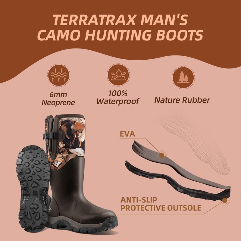 Men's Waterproof Hunting Boots, Camouflage 6mm Neoprene Muck Boots for Outdoor Hunting, Fishing, Farming & Work Brown size 11
