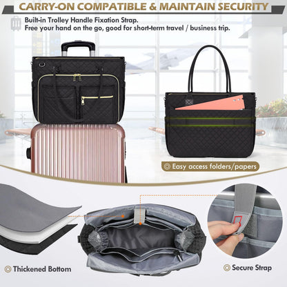 RAINSMORE Teacher Tote Bag 15.6 inch Laptop Bag for Women Work Bags Laptop Tote Nurse Bag Professional Computer Messenger with Insulated Pocket, Laptop Briefcase for Office, College, Nursing, Black
