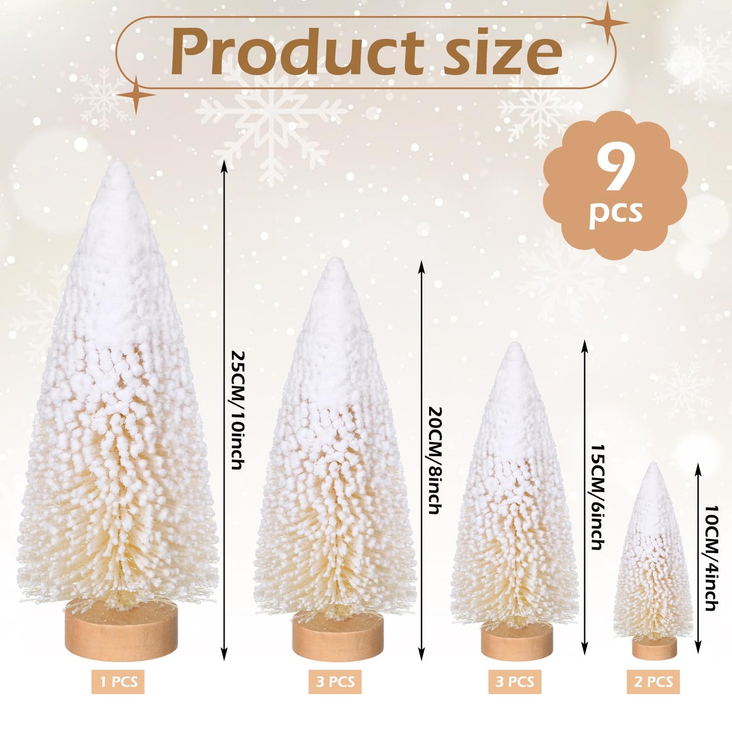 Leyndo 9 Pcs White Snow Flocked Artificial Mini Christmas Tree Sisal Bottle Brush Trees with Wood Base Christmas Pine Trees for Autumn Winter Holiday Kitchen Home Party Decor