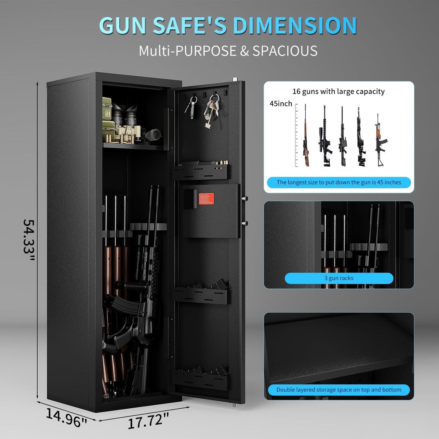 KAER Gun Safe, 16 Gun Safe for Rifles and Pistols, Large Capacity Biometric Rifle Safe, Gun Cabinet, Gun Locker for Home with Removable Shelf, Secure Storage for Shotguns & Firearms with Optics