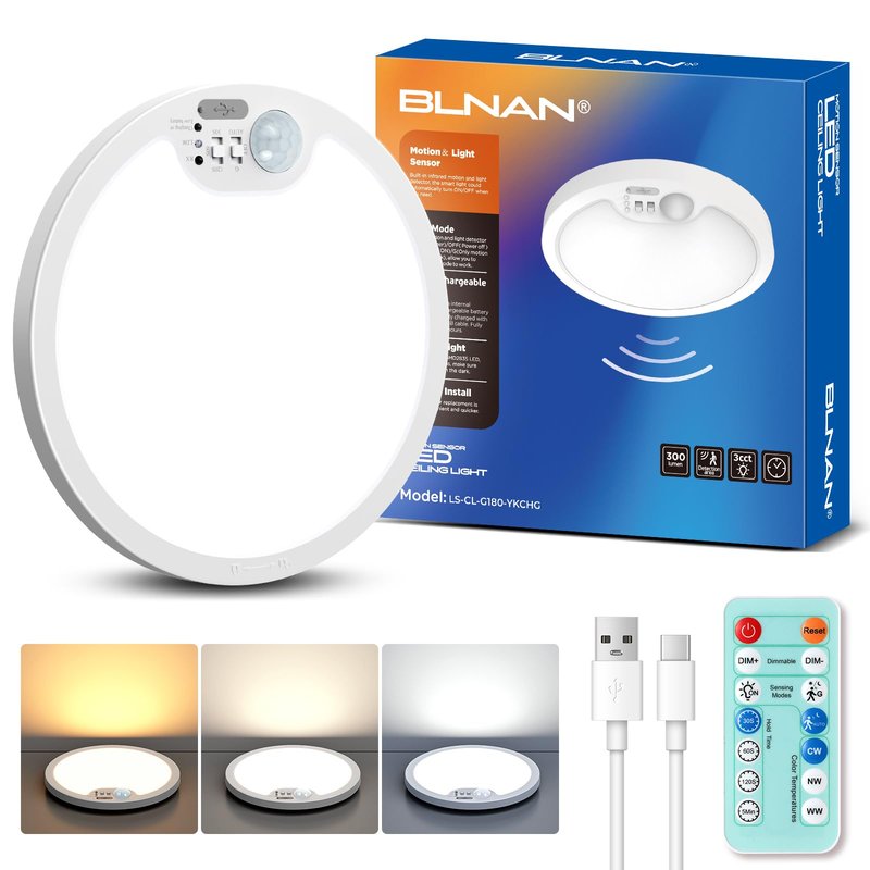 BLNAN Rechargeable Motion Sensor Ceiling Light - Wireless Magnetic Ceiling Light, Remote Control for Color & Brightness, Stick On Battery Operated Light for Shower, Closet, Bathroom, Pantry, Hallway