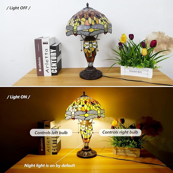 Tiffany Table Lamp 3 Lights Dragonfly Stained Glass Table Lamp Victorian Mother-Daughter Vase Bedside Lamp with Night Light for Bedroom Living Room Home Coffee Decor,11inch
