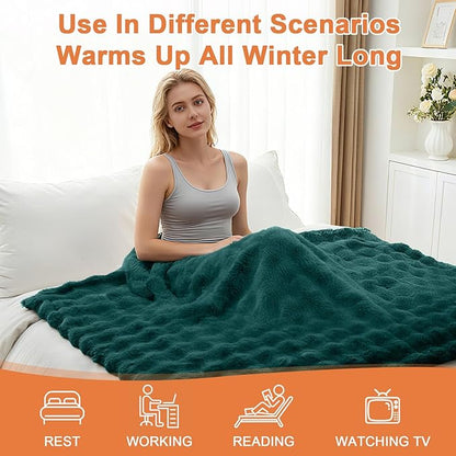Heated Blanket Electric Throw Blanket 50''X 60''-Heating Blanket with 6 Heat Settings-4 Hours Auto Off,Cozy Faux Rabbit Fur Bubble Electric Blanket,Dark Green