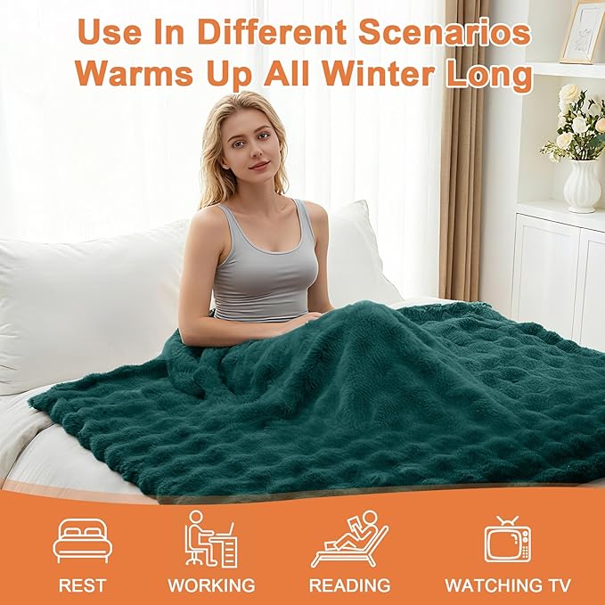 Heated Blanket Electric Throw Blanket 84''X 90''-Heating Blanket with 6 Heat Settings-10 Hours Auto Off,Cozy Faux Rabbit Fur Bubble Electric Blanket,Dark Green