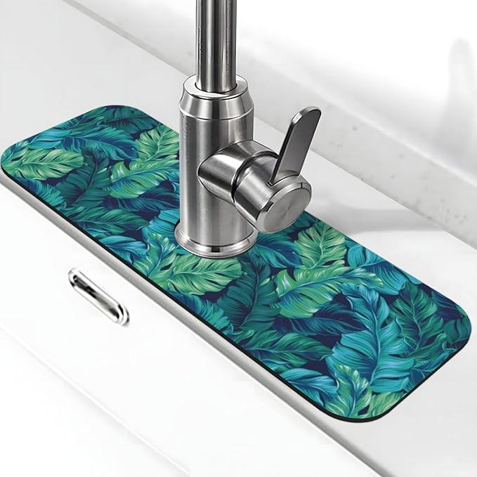 Palm Leaves Tropical Summer Green Hawaiian Kitchen Sink Splash Guard Faucet Mat