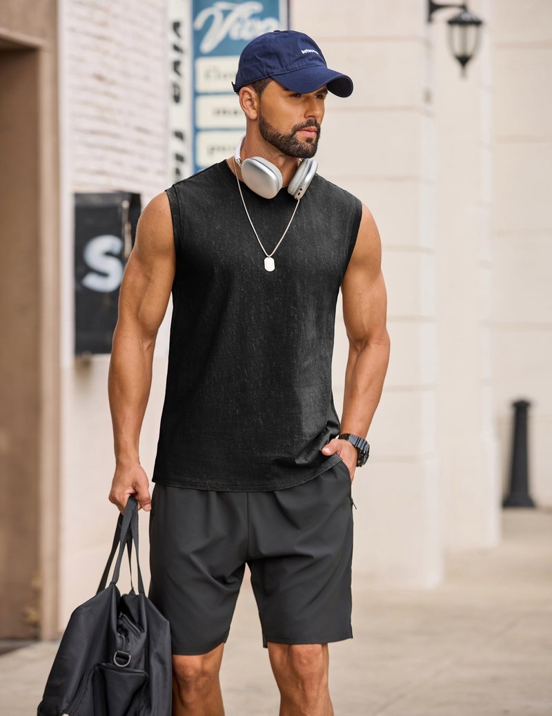 COOFANDY Men's Cotton Sleeveless Tank Tops Black Workout Tank Casual Beach Sleeveless Shirt Vintage Washed Basic Tee