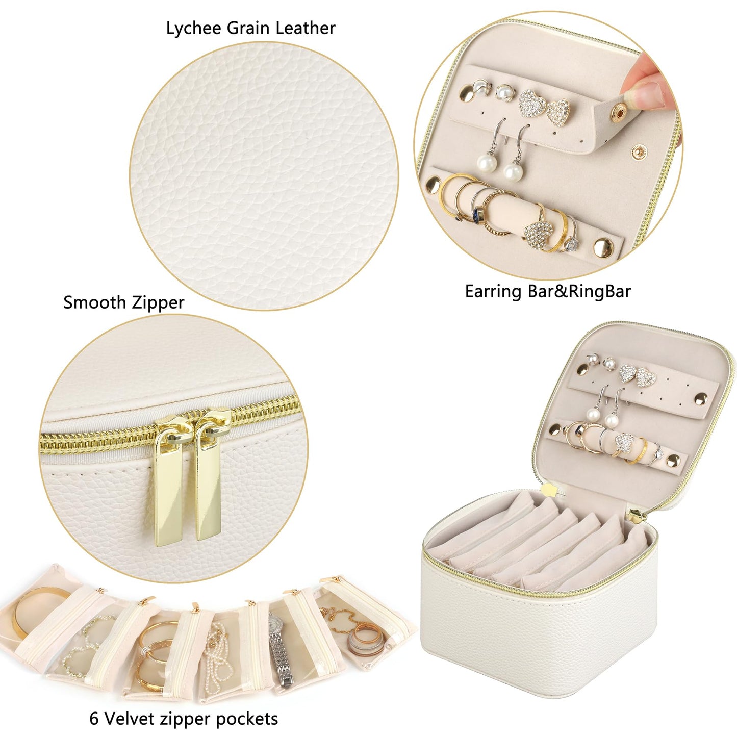 HofferRuffer Jewelry Box Organizer for Women Girls, Travel Jewelry Case with 6 Portable Zipper Bags, Jewelry Storage Ideal for Travel & Home Organization (6pcs-CreamWhite Faux Leather)