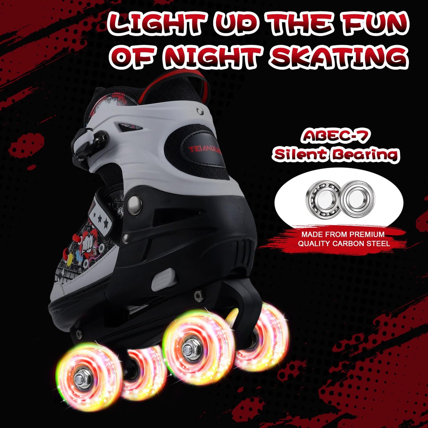 Kids Roller Skates, 4 Size Adjustable Quad Skates with All Light Up Wheels, 10C to 8 Rollerskates for Toddlers, Beginners, Boys, Girls, Outdoor, Indoor, Black, Large