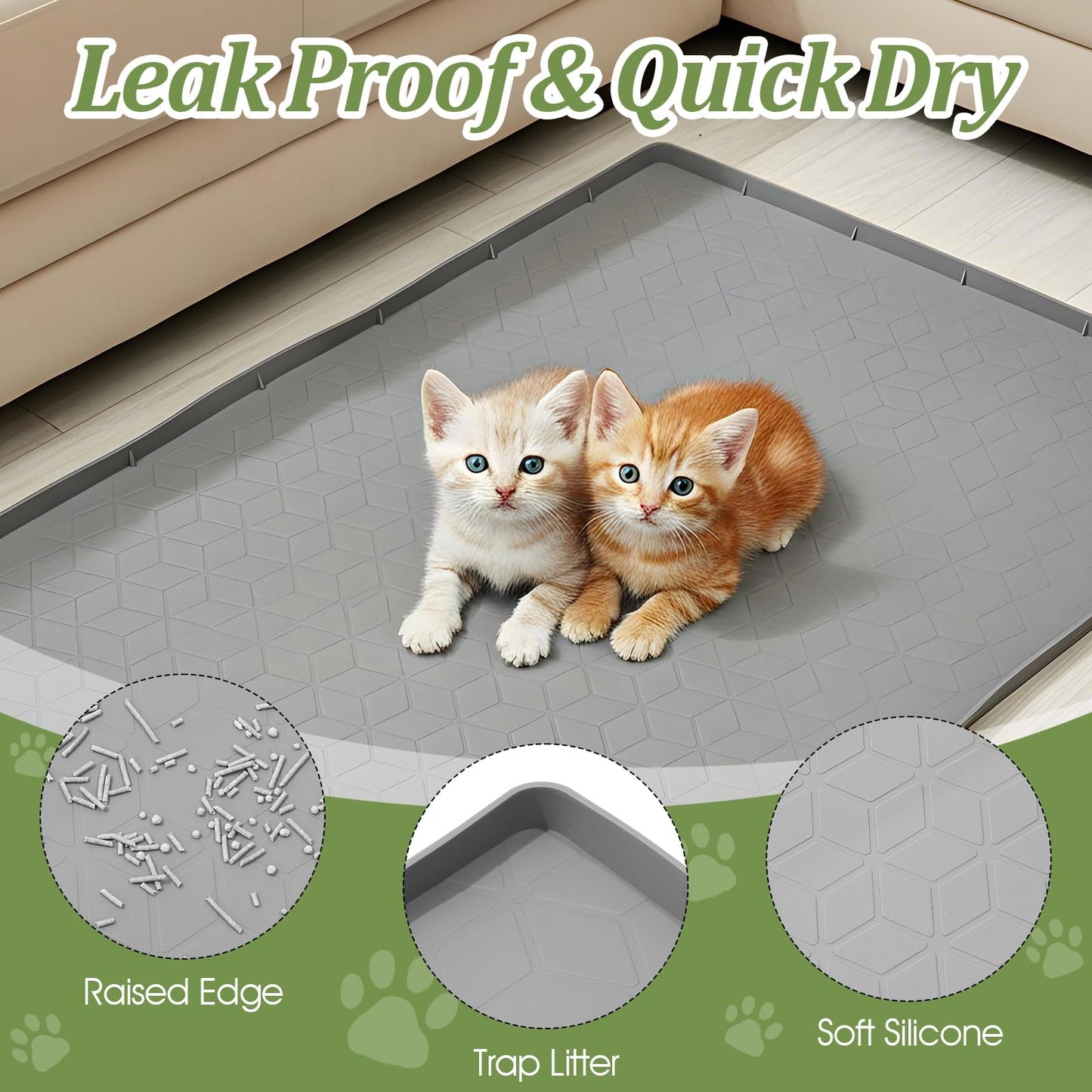 Xaajooio Cat Litter Mat for Litter Box, Silicone Large Cat Litter Trapping Mat - 34x22 in, Waterproof & Non-Slip, Durable & Easy Clean, Gray