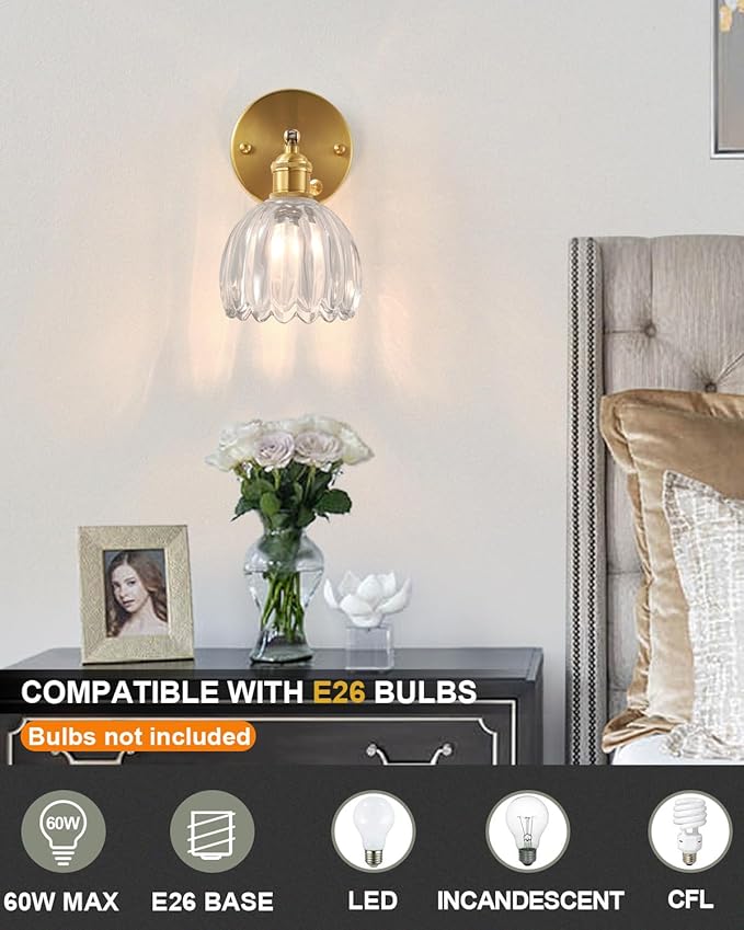 Plug in and Hardwired Wall Sconces, Luxury Vintage Tulip Crystal Glass Shade Wall Light with Switch for Bedside Bedroom Living Room (Tulip-Clear, 2)