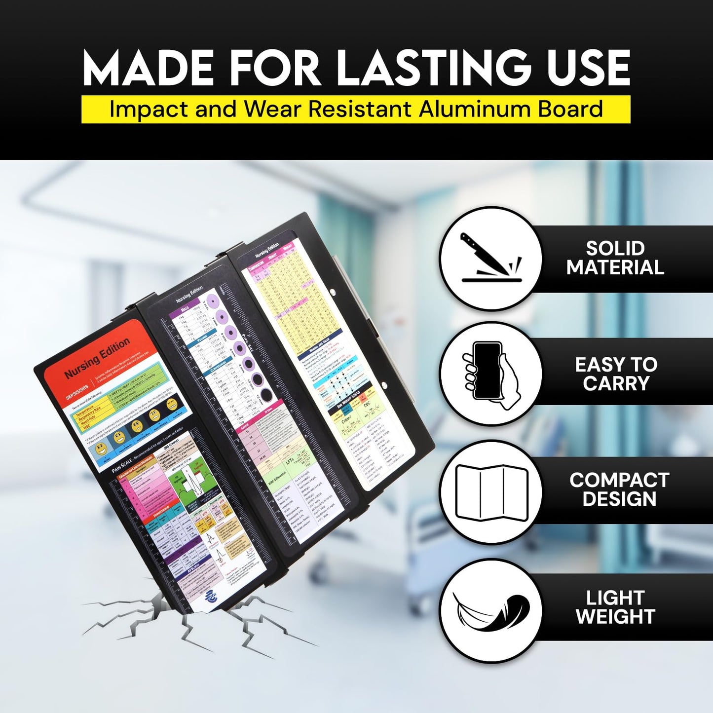 Nursing Clipboard Foldable with Medical Edition Cheat Sheets, 3 Layers Aluminum Foldable Clipboard for Nursing, Notepad for Students, Nursing School Essentials (Black)