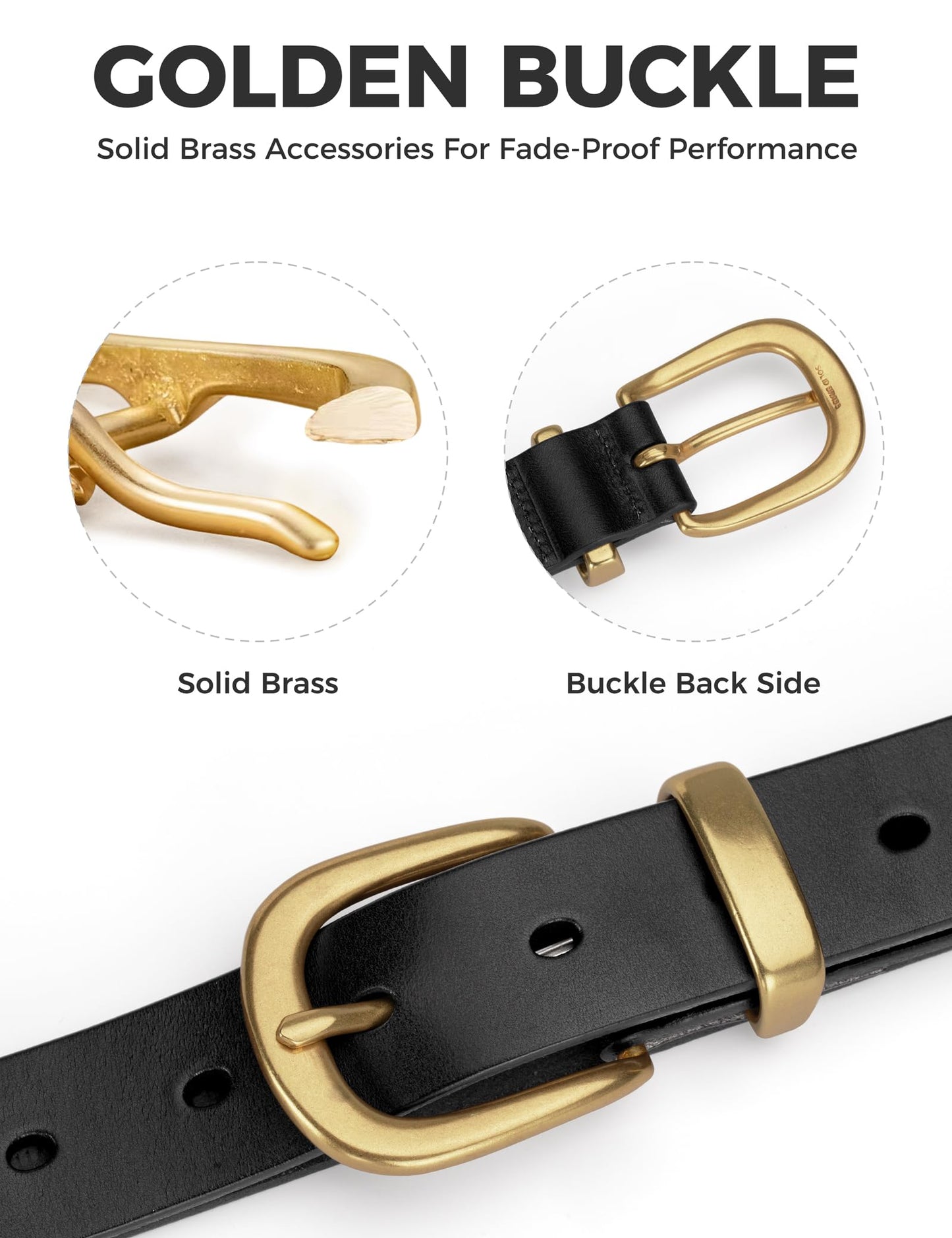 wolksprong Womens Belts for Jeans 1.1" Width Ladies Belts for Dresses Full Grain Leather Gold Buckle Belt Gift Box