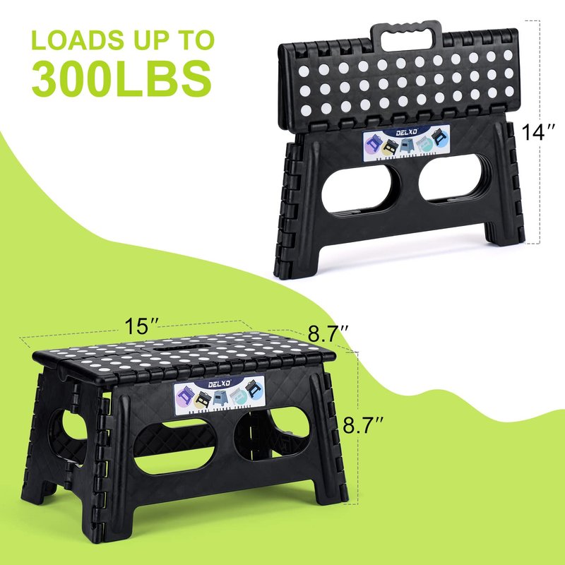 Delxo Folding Step Stool for Kids and Adults,15-Inch Extra Wide 9 Inch Height Heavy Duty Stepping Stool More Safe and Comfortable Non Slip Foldable Step Stool Black