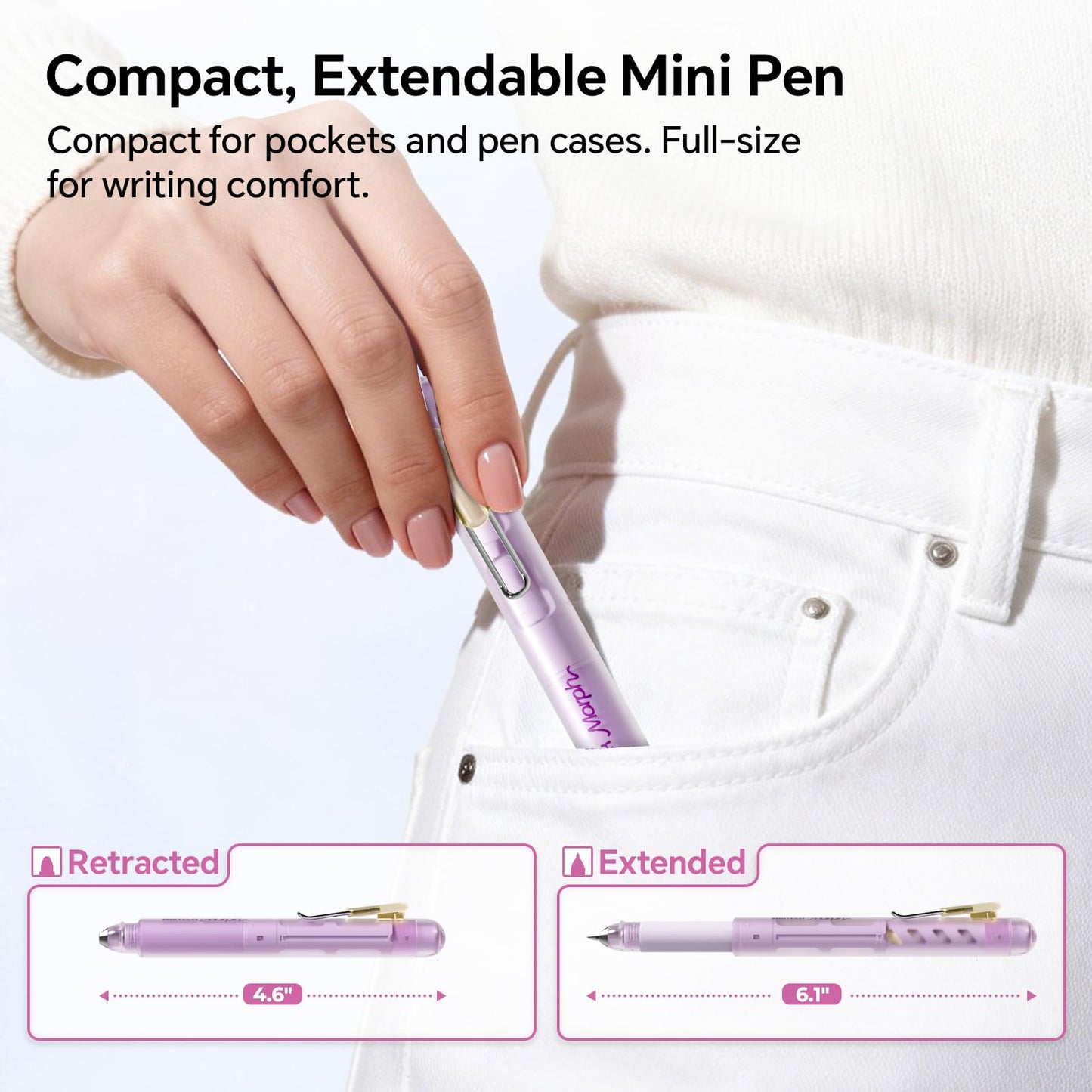 WRITECH Morph Extendable Gel Pens: 0.7mm Medium Point Black Ink Pocket-to-Full-Size Design Translucent Soft Grip Barrel Includes 2 Pens and 2 Refills Dual-Length Pocket Pen 4.6" to 6.1"