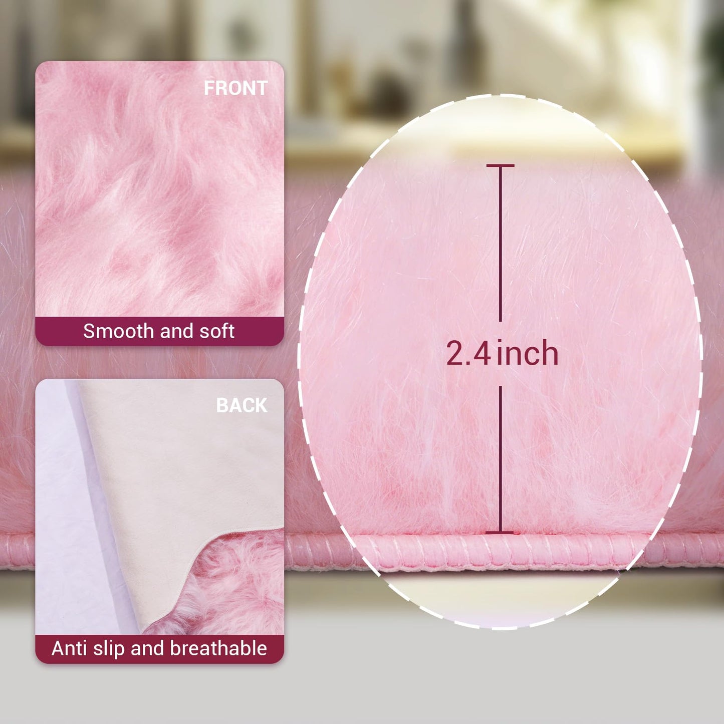 TUOTPE Ultra Soft Faux Fur Rug, Fluffy Shaggy 2 x 3 Ft Sheepskin Fur, Pink Plush Faux Area for Bedroom Nursery Living Room