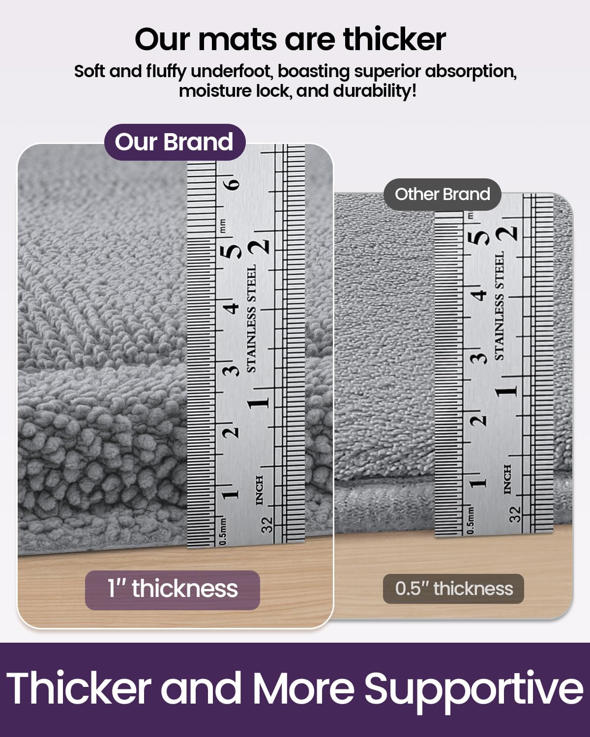 DEXI Memory Foam Bath Mat 32x20, Soft Absorbent Chenille Bathroom Rug, Non Slip Quick Dry Bath Mats for Bathroom, Thick Plush Floor Carpet for Tub Shower, Sink, Light Grey