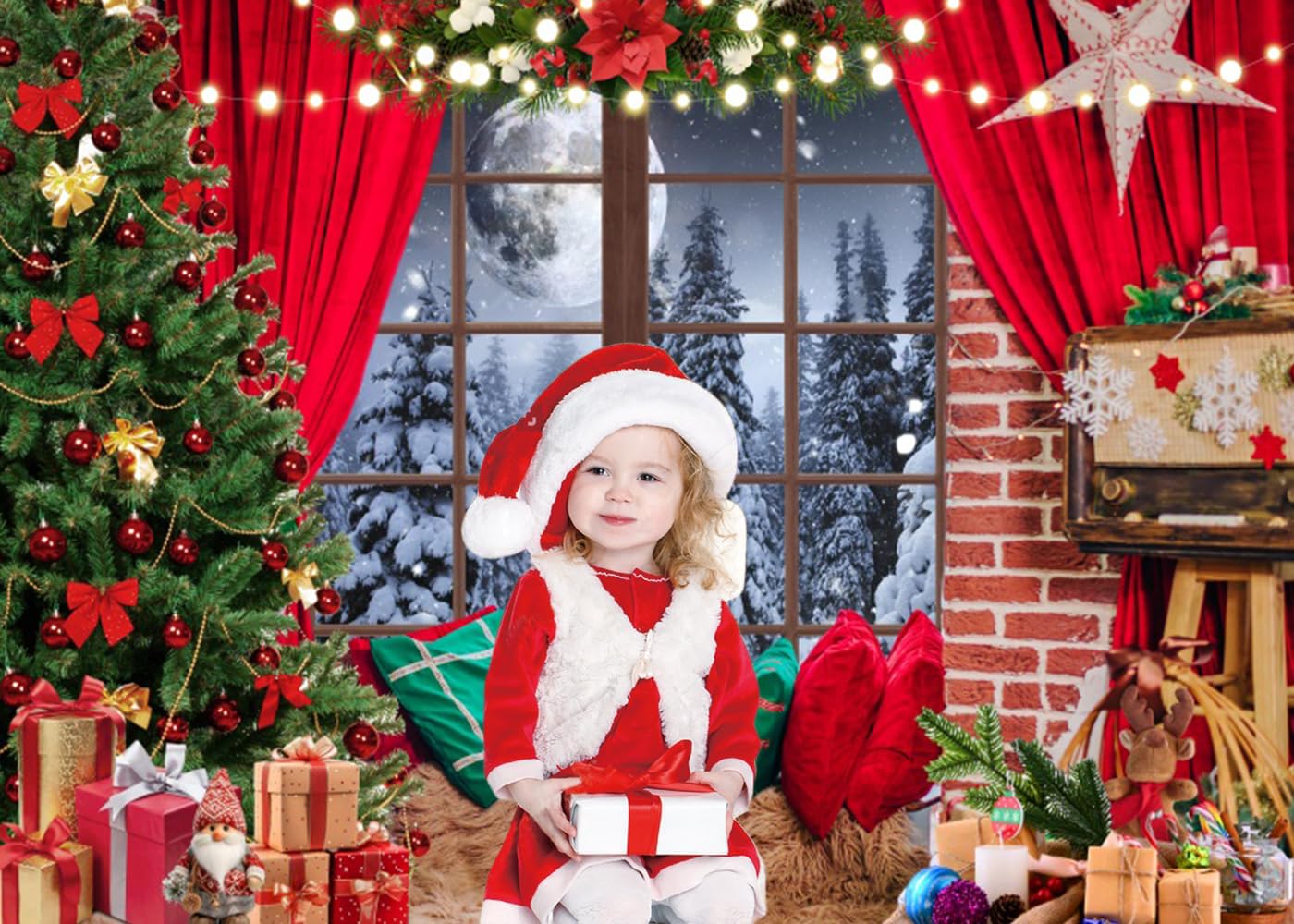 Diasynig 10x8FT Christmas Backdrop Window Red Curtain Xmas Tree Gifts Forest Snow Scene Photography Background Family Kids Winter Holiday Christmas New Year Party Decorations Banner Photo Booth Props
