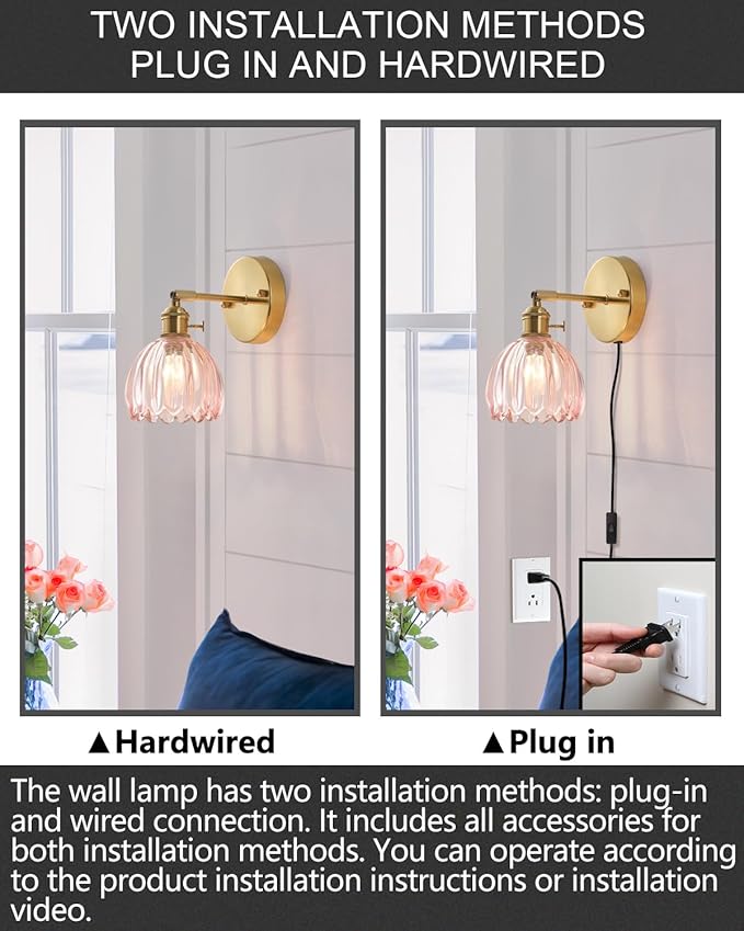 Plug in and Hardwired Wall Sconces, Luxury Vintage Tulip Crystal Glass Shade Wall Light with Switch for Bedside Bedroom Living Room (Tulip-Pink, 2)