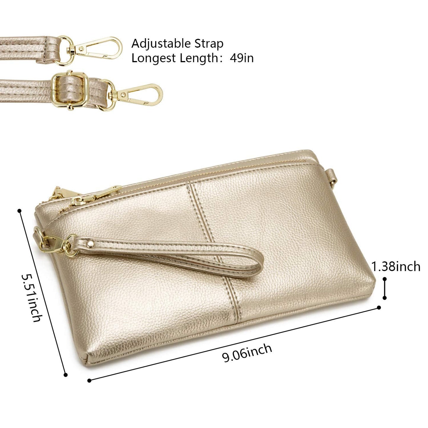 ZOOEASS Triple Zip Small Crossbody Bag Lightweight Purses Vegan Leather Wristlet Clutch, Includes Adjustable Shoulder (Gold)