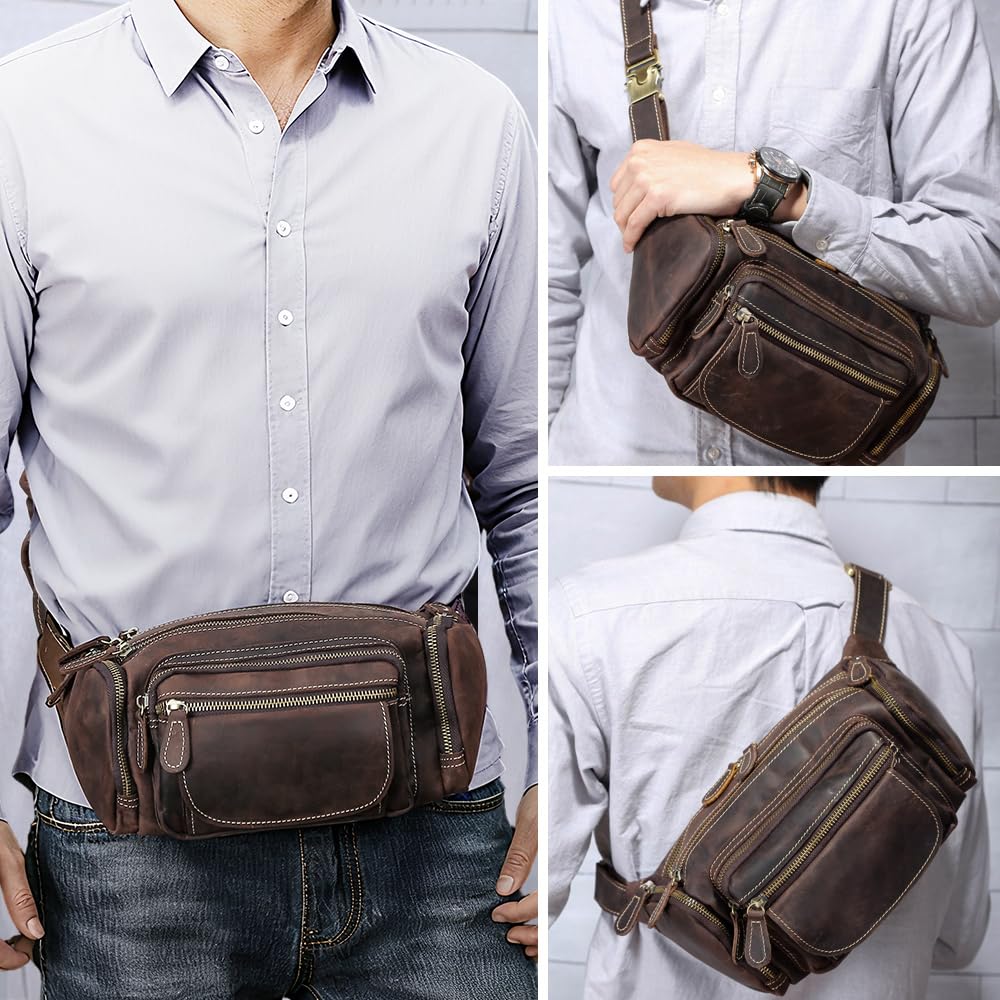 TIDING Leather Fanny Pack For Men Large Capacity Crossbody Waist Belt Bag For Travel Sports Outdoor Hiking Cycling Running