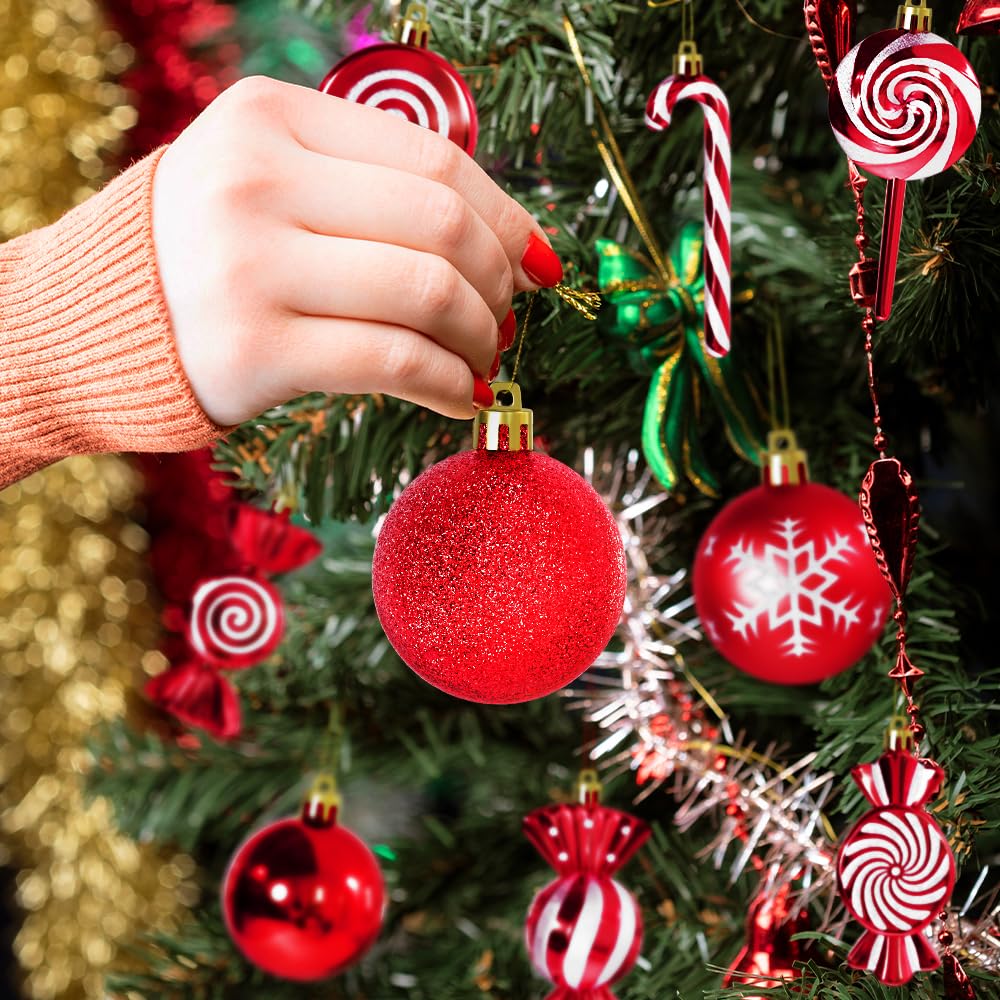 36 Pcs Christmas Ornaments, MOYEE Shatterproof Plastic Christmas Ornaments for Tree - Candy Cane Christmas Decorations Candies Christmas Ball Ornaments (Red)
