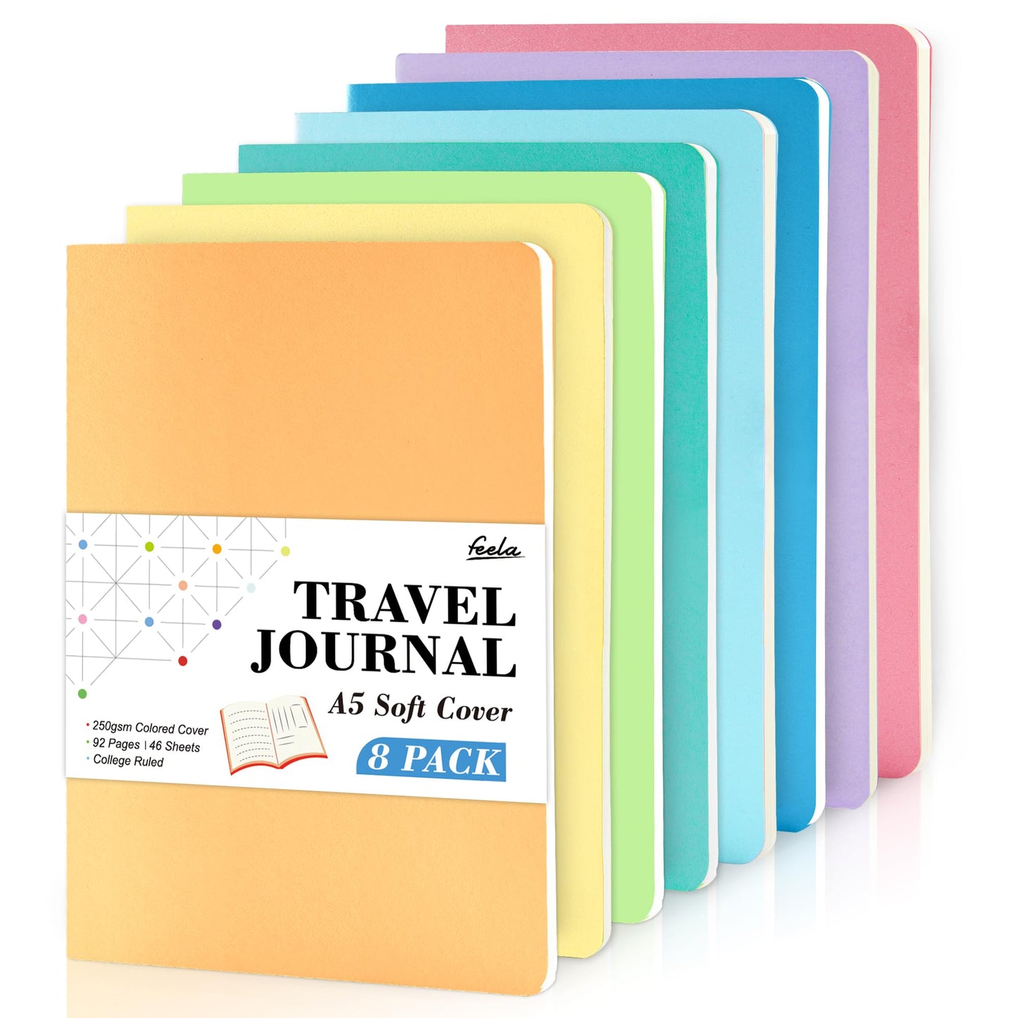 feela 8 Pack Soft Cover Journal Bulk, Notebooks College Ruled for Work, Lined Travel Journal for Students Women, Note Taking Notebook School Supplies Business Writing, 8.2” x 5.5”, A5, Pastel Colors