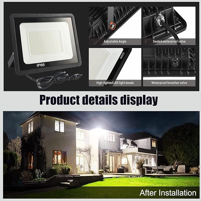 2 Pack-100W LED Flood Light Outdoor,11000LM LED Work Light with US Plug,6000K Daylight White,IP67 Waterproof Outdoor Floodlights for Yard,Garden,Playground