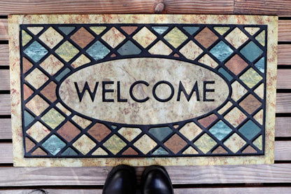 CHICHIC Blue Welcome Door Mat 17x 30 Inch Front Doormat Outdoors for Home Entrance Outdoors Mat for Outside Entry Way Doormat Entry Rugs, Heavy Duty Non Slip Rubber Back Low Profile