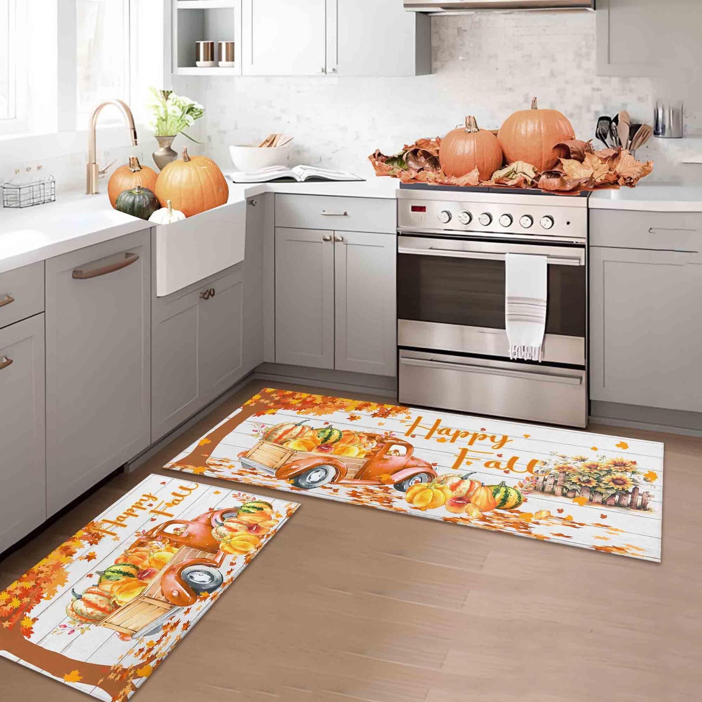 Noulmea Happy Fall Pumpkin Decorative Kitchen Rugs Set of 2, Home Seasonal Fall Holiday Party Autumn Harvest Thanksgiving Kitchen Floor Mat 17"x47"+17"x30"