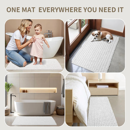 Ruggnovea Bathroom Rugs Non Slip Washable, Extra Thick Soft Chenille Absorbent Bath Mat, High Density Barrier Non Slip Backing, Quick Dry Plush Shaggy Floor Carpet for Tub&Shower 24x17, White