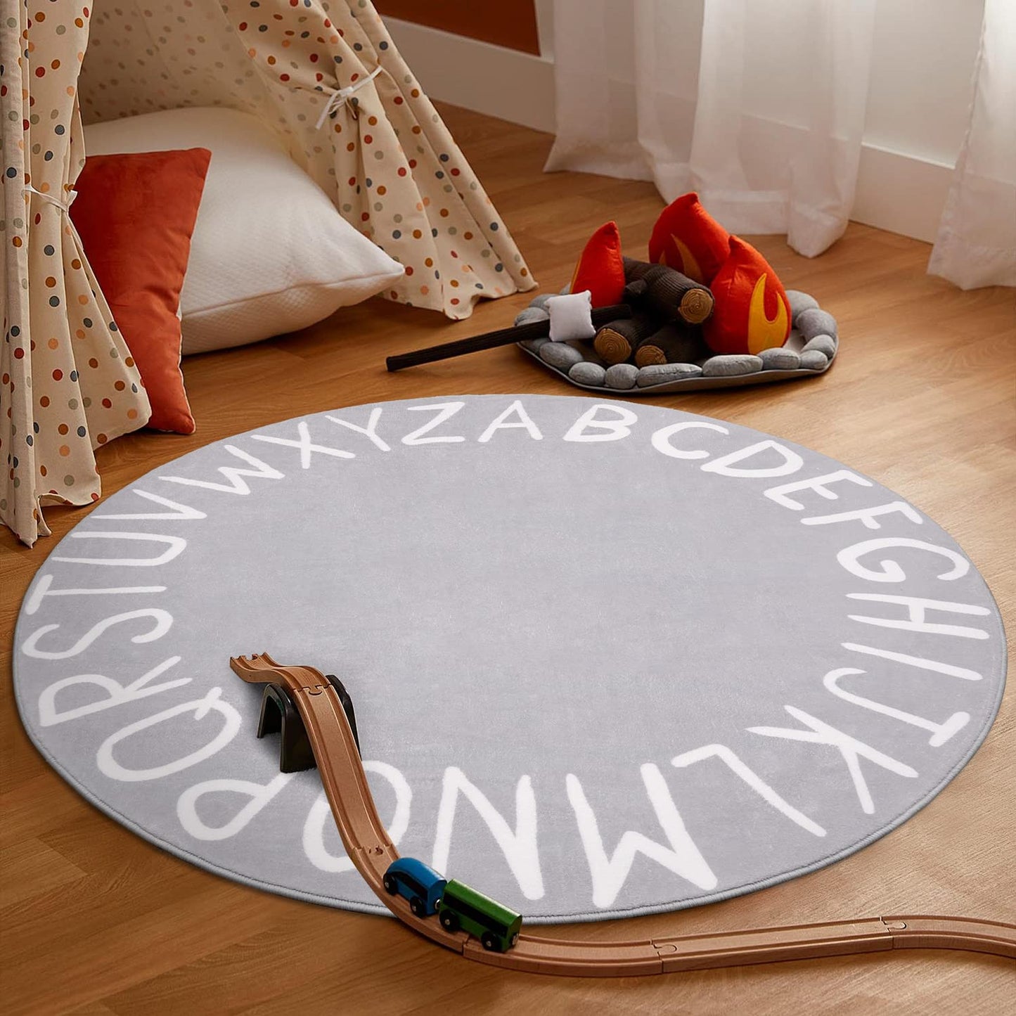 LIVEBOX ABC Play Room Round Kids Rug for Boy and Girl, Circle Washable Area Rug Non-Slip Crawling Play Mat for Playroom, Alphabet Nursery Area Rug Circular Learning Carpet for Bedroom (47",Grey)