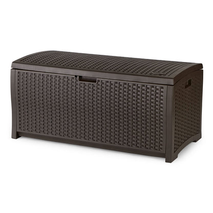 Suncast 73-Gallon Medium Deck Box - Lightweight Resin Indoor/Outdoor Storage Container and Seat for Patio Cushions and Gardening Tools - Store Items on Garage, Yard - Mocha Brown