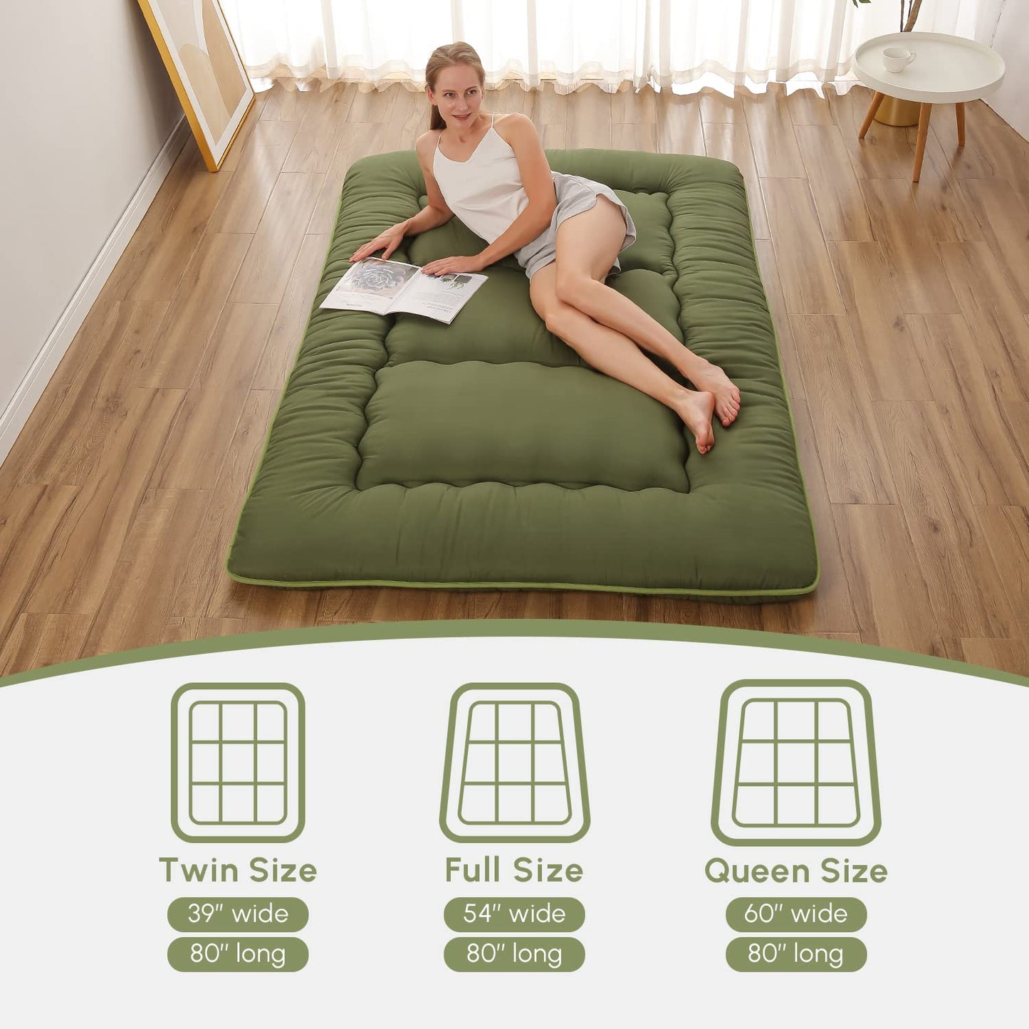 Zelladorra Japanese Floor Mattress, Futon Mattress with Portable Storage Bag and Washable Cover, Roll Up Thick Tatami Mat Suitable for Camping, Guest Room, Green, Twin