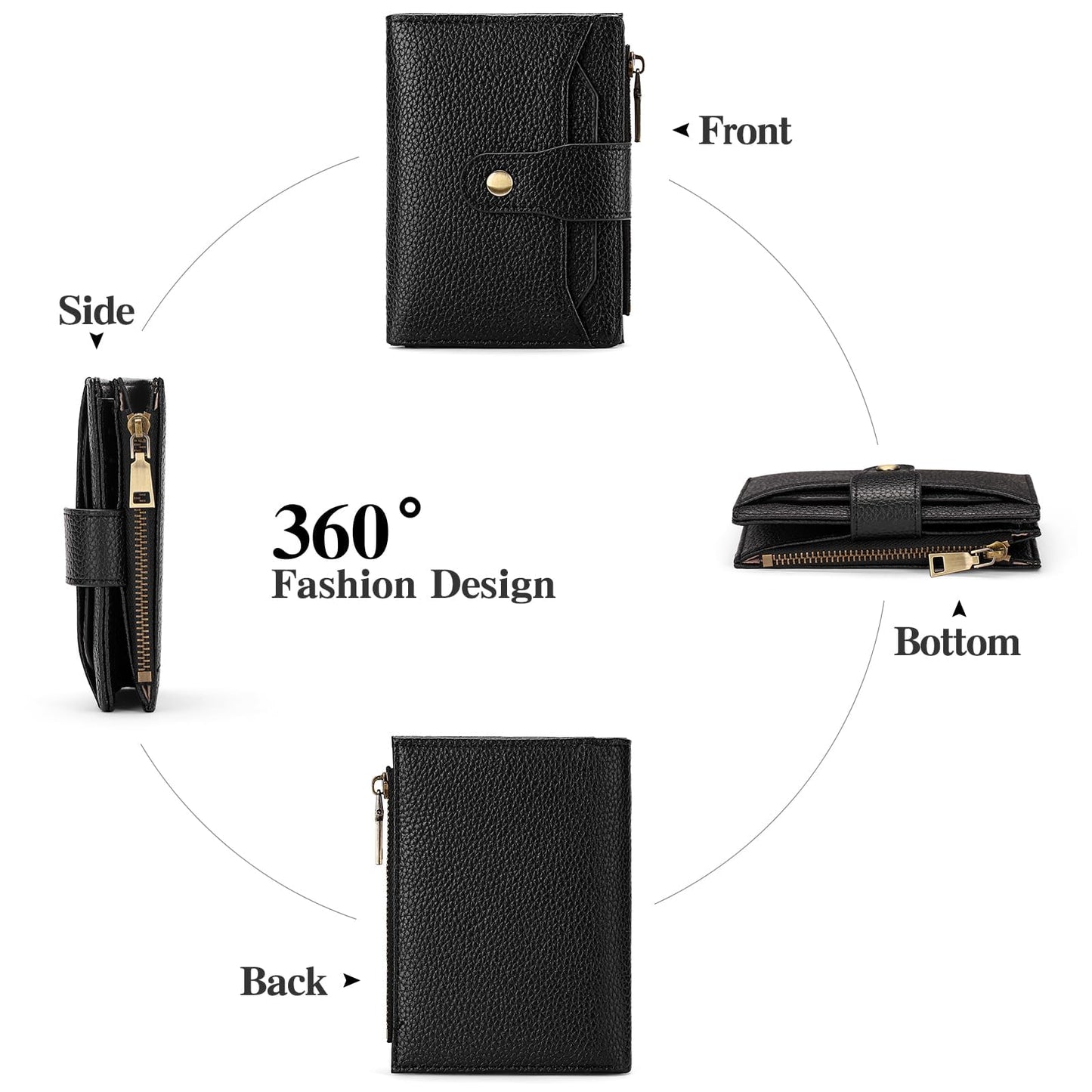 GAEKEAO Small Wallets Woman RFID Blocking Leather Bifold Card Holder Wallets with Zipper Pocket Removable ID Window