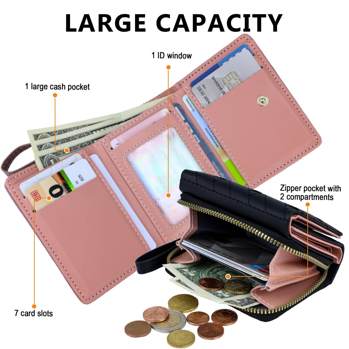 Plinvo Stylish & Compact Women's Leather Coin Purse, Minimalist Kawaii Design with ID Window for Travel (Black)