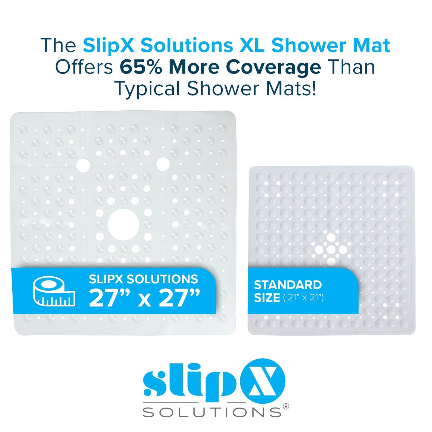 SlipX Solutions 27" Oversize Square Shower Mat, Non-Slip Mat for Elderly & Kids, 100+ Power Grip Suction Cups for Smooth Surfaces, Machine Washable, Clear