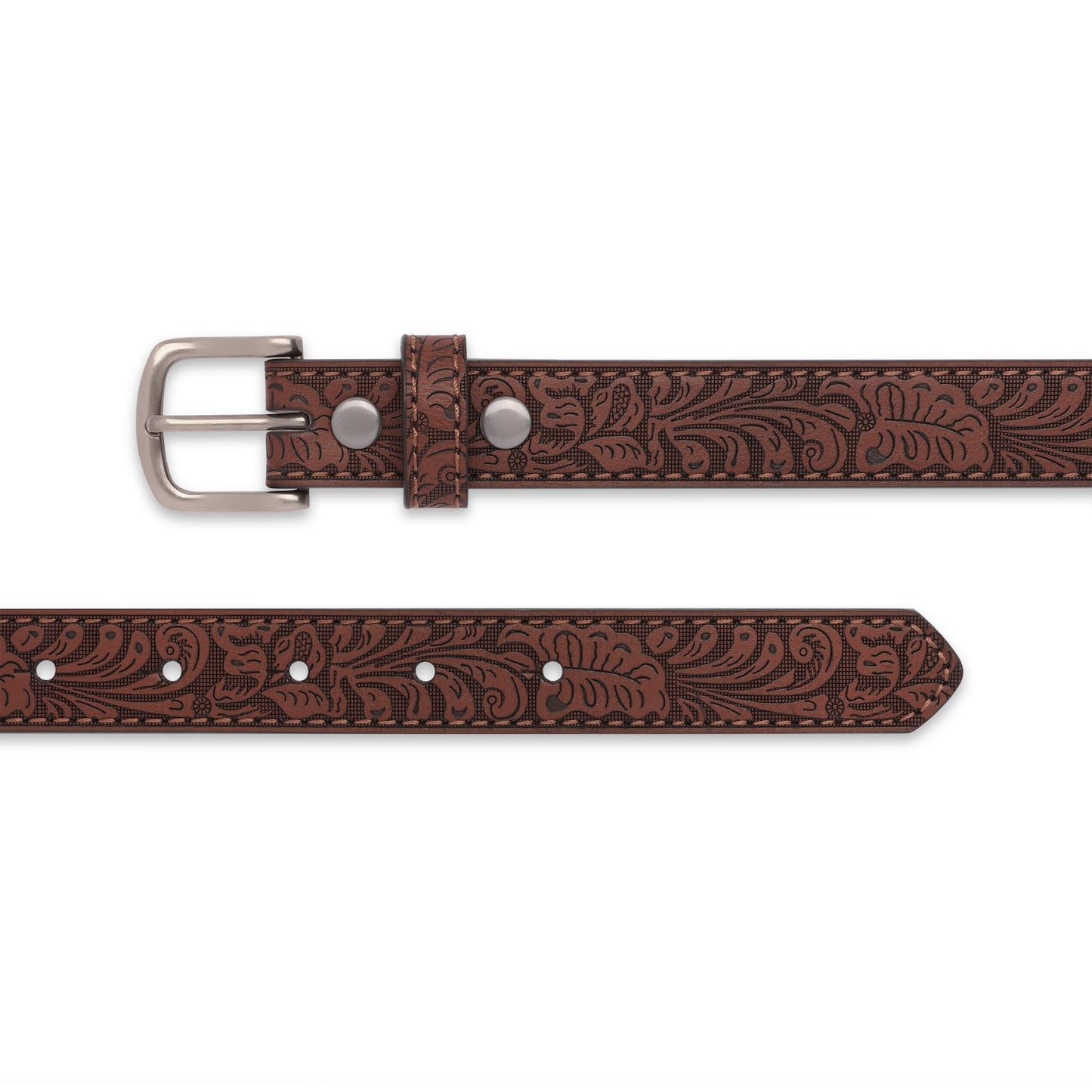 BC Belts Western Kids Leather Belt Strap and Metal Buckle 1" Wide with Snaps - Embossed Western Scrollwork Cowboy Country (Brown-S)