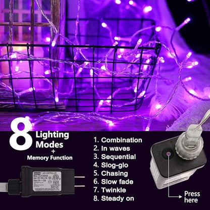 Christmas String Lights Purple - 220 LED 25m/82ft 8 Modes End-to-End Plug in Indoor/Outdoor Waterproof Decorative Inside/Outside Fairy Twinkle Xmas Tree Lights for Halloween/Wedding/Patio/Room/Home